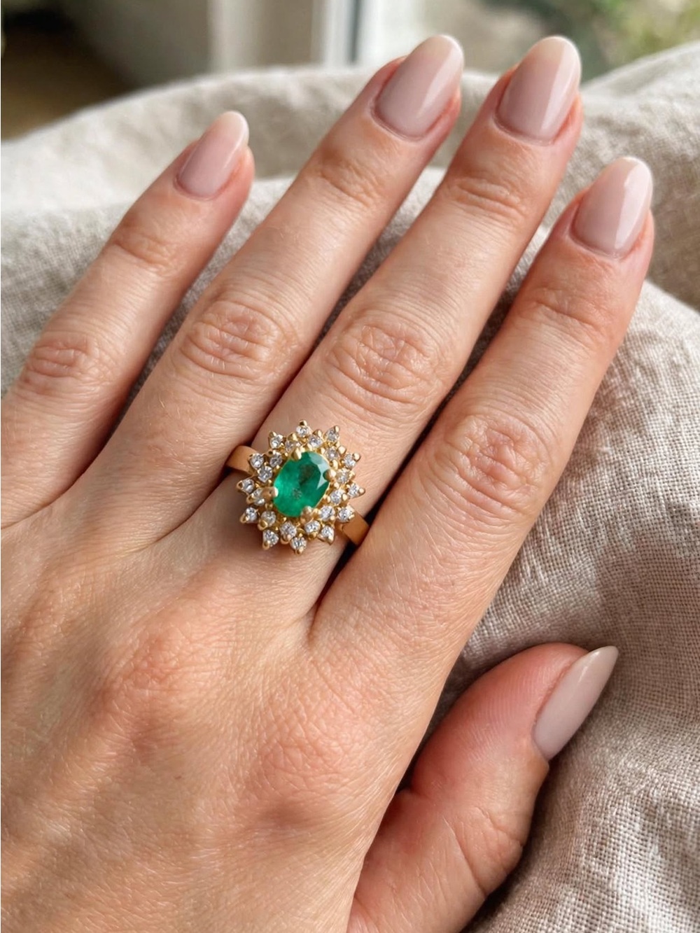 Classic Gold Emerald Halo Ring for Women
